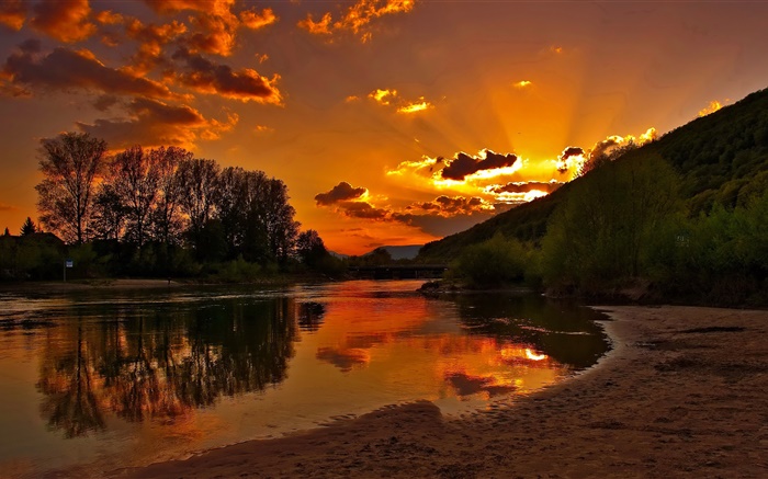 黎明，清晨，日出，河流，樹木，紅色的天空，雲 桌布 圖片