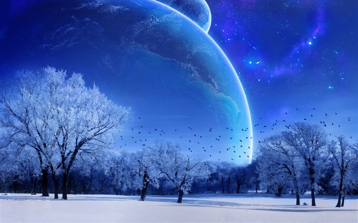 夢想世界，冬天，樹，鳥，行星，藍色風格 桌布 圖片