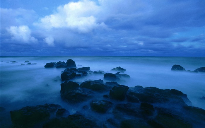 黃昏，海，海岸，怪石，雲海，藍色風格 桌布 圖片