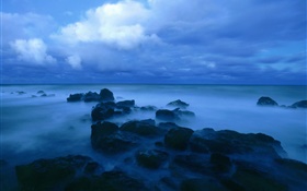 黃昏，海，海岸，怪石，雲海，藍色風格