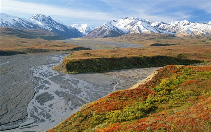 東叉河，山，秋天，迪納利國家公園，阿拉斯加，美國 桌布 圖片