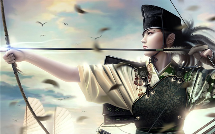 幻想亞洲女孩，戰士，弓，船 桌布 圖片