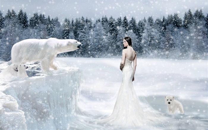 幻想的女孩，北極熊，冷 桌布 圖片