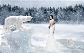 幻想的女孩，北極熊，冷 高清桌布