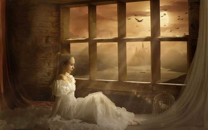 幻想的女孩在窗口邊，月亮，夜 桌布 圖片
