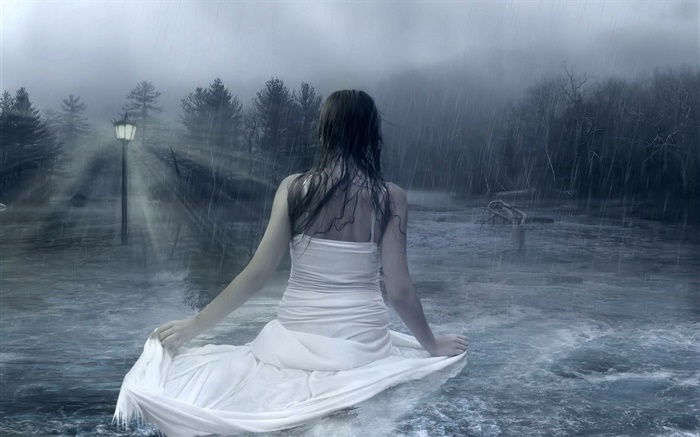 幻想的女孩在雨夜，水，燈，樹 桌布 圖片