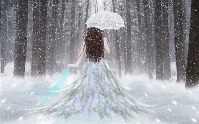 夢幻女孩在冬季森林，雪，傘，後視圖 桌布 圖片