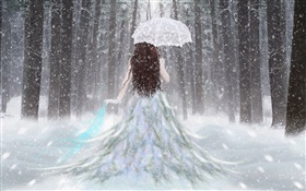 夢幻女孩在冬季森林，雪，傘，後視圖
