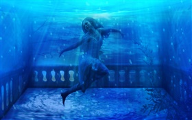 幻想的女孩水下，藍色的水