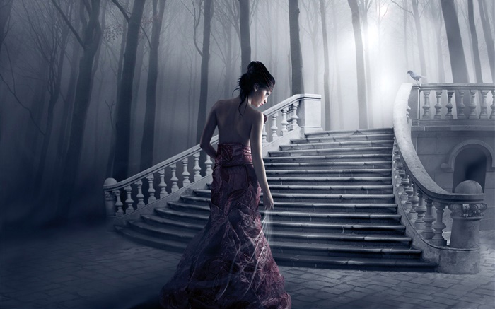 幻想的女孩，晚上，樓梯，樹木 桌布 圖片