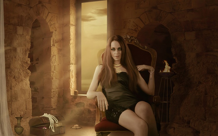 幻想的女孩坐在椅子上，房間，蠟燭，飾品 桌布 圖片