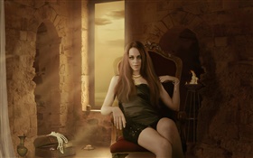 幻想的女孩坐在椅子上，房間，蠟燭，飾品 高清桌布