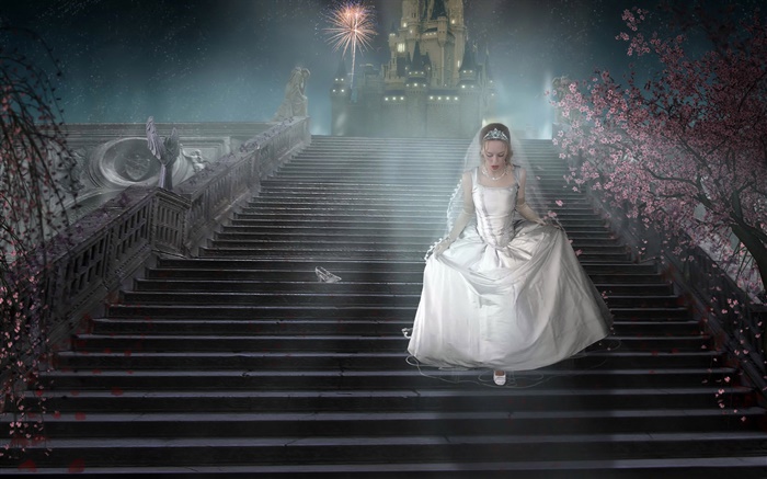 幻想的女孩，白色禮服，樓梯，鞋 桌布 圖片