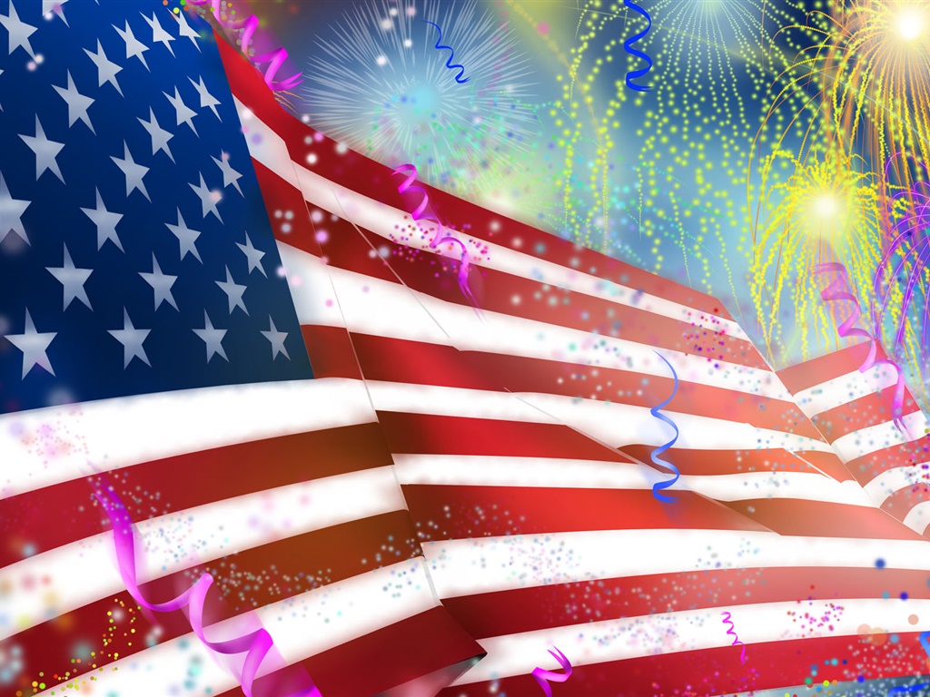 煙花，美國國旗，藝術設計 1024x768 電腦桌布 背景圖片