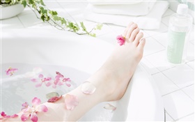 女孩的腿，花瓣，浴缸，SPA主題