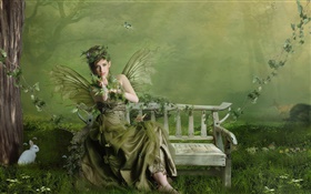 綠色蝴蝶幻想的女孩 高清桌布