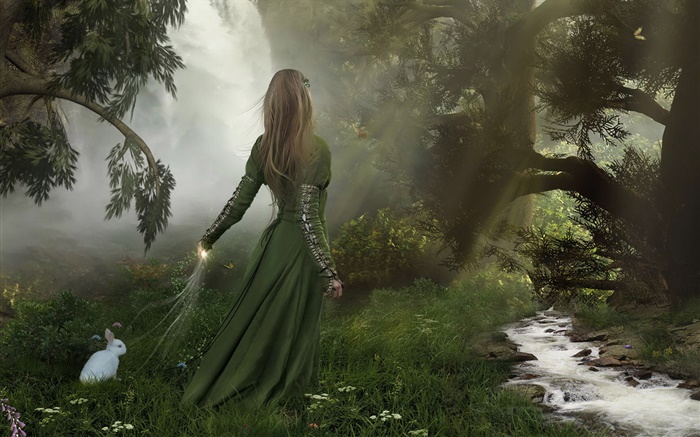 綠色禮服幻想的女孩在森林裡，小白兔 桌布 圖片