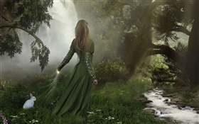 綠色禮服幻想的女孩在森林裡，小白兔