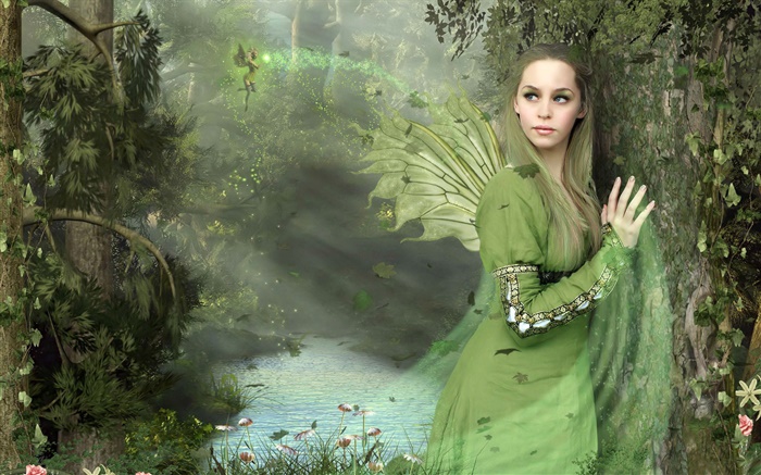 綠色禮服幻想的女孩，翅膀，仙女 桌布 圖片