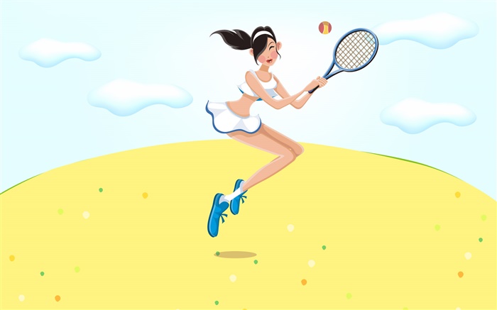 快樂的女孩打網球，夏天，矢量圖片 桌布 圖片