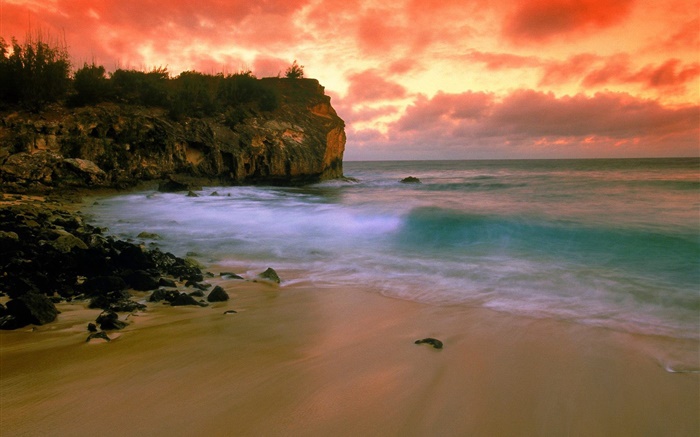 美國夏威夷，沙灘，海岸，海，紅色的天空，夕陽 桌布 圖片