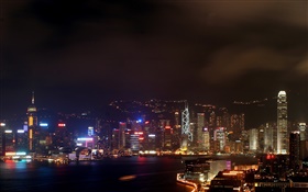 香港美麗的夜景，城市，高樓林立，燈光，海 高清桌布