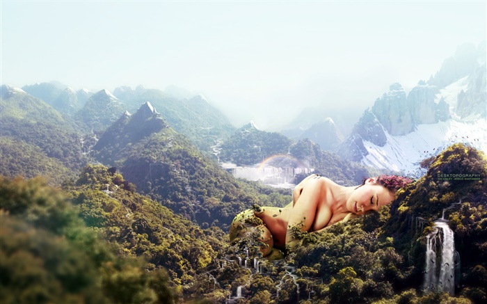 巨大的女孩，在山上睡覺，創意設計 桌布 圖片
