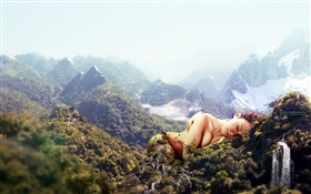 巨大的女孩，在山上睡覺，創意設計 高清桌布