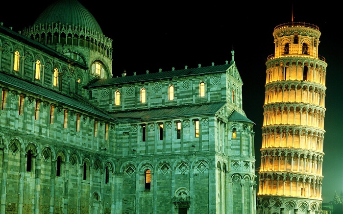 比薩意大利斜塔，夜晚，燈 桌布 圖片