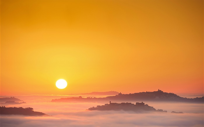 意大利，日出，太陽，霧，早晨，鎮 桌布 圖片
