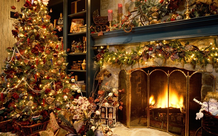 聖誕快樂，球，裝飾，壁爐，燈，溫暖 桌布 圖片