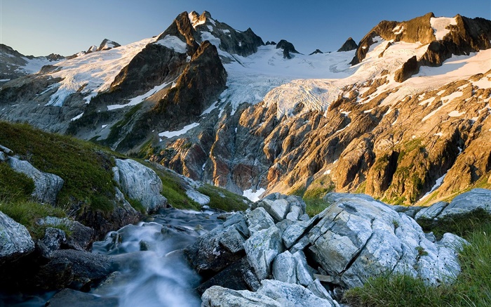 山，岩石，河，雪 桌布 圖片