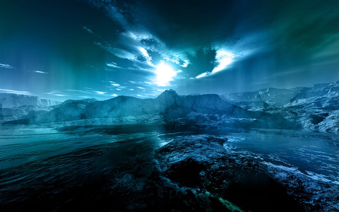 夜間風景，海，海岸，水，月，雲，藍色風格 桌布 圖片