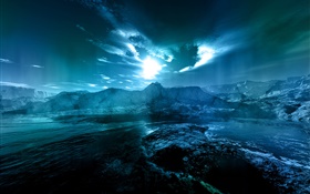 夜間風景，海，海岸，水，月，雲，藍色風格