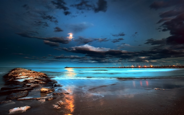 夜晚，燈光，月亮，雲，海，碼頭 桌布 圖片