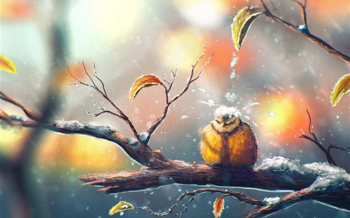 繪畫，鳥在冬季，樹枝，雪，樹葉 桌布 圖片