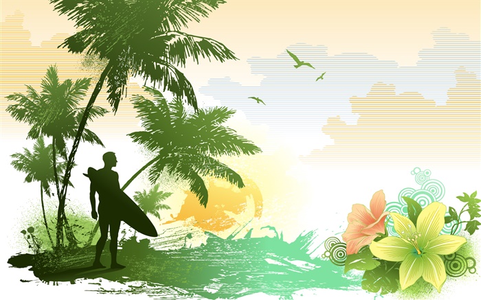 棕櫚樹，花，鳥，海，熱帶，人，矢量圖片 桌布 圖片