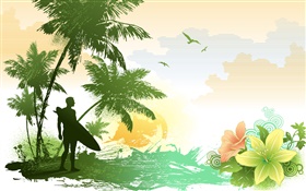 棕櫚樹，花，鳥，海，熱帶，人，矢量圖片 高清桌布