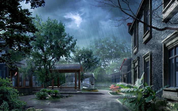 公園在雨中，房屋，樹木，3D渲染的圖片 桌布 圖片