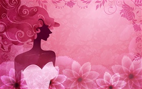 粉紅色的背景，矢量時尚女孩，花卉，設計