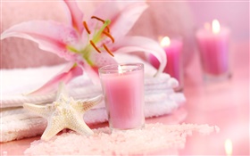 粉紅色的風格，蠟燭，海星，蘭花，毛巾，SPA靜物