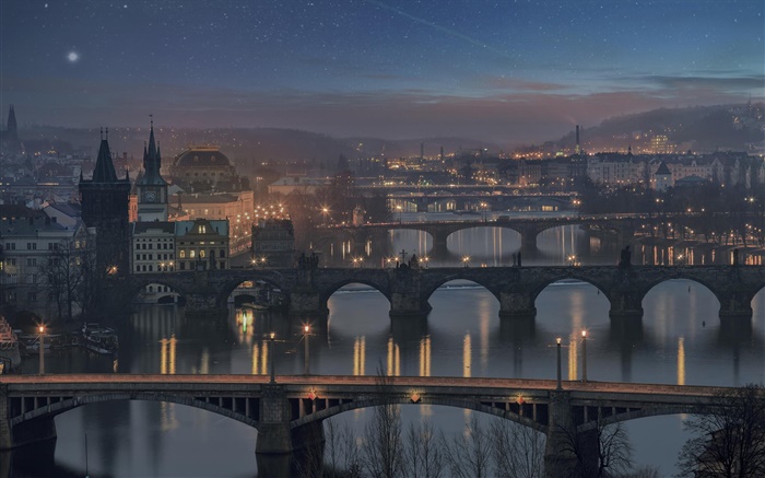 布拉格，捷克共和國，橋樑，河流，房屋，夜，燈 桌布 圖片