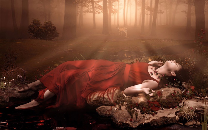 紅色的禮服幻想的女孩，睡在森林裡 桌布 圖片