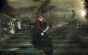 紅頭髮的幻想的女孩，樓梯，時鐘，晚上 高清桌布