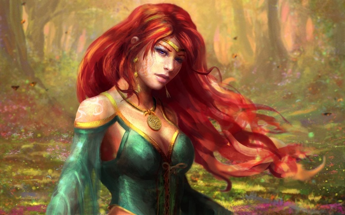 紅頭髮的幻想女孩在森林 桌布 圖片