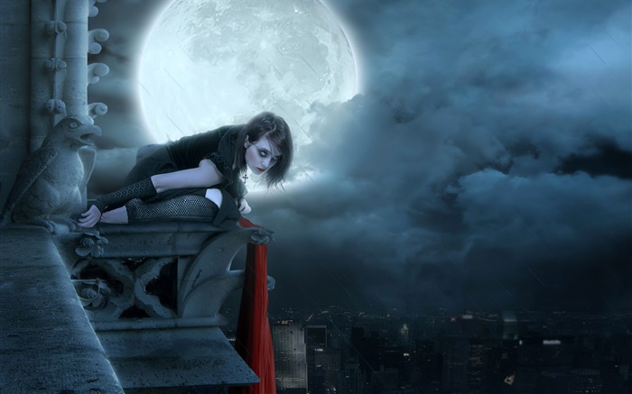 紅唇幻想的女孩在月圓之夜，城市 桌布 圖片