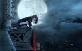 紅唇幻想的女孩在月圓之夜，城市 高清桌布