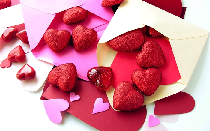 紅色的愛的心，信，浪漫 桌布 圖片
