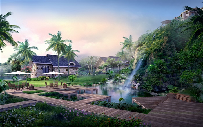 度假村，瀑布，棕櫚樹，房子，熱帶，3D設計 桌布 圖片
