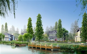 河，樹，船，房屋，3D設計圖片 高清桌布